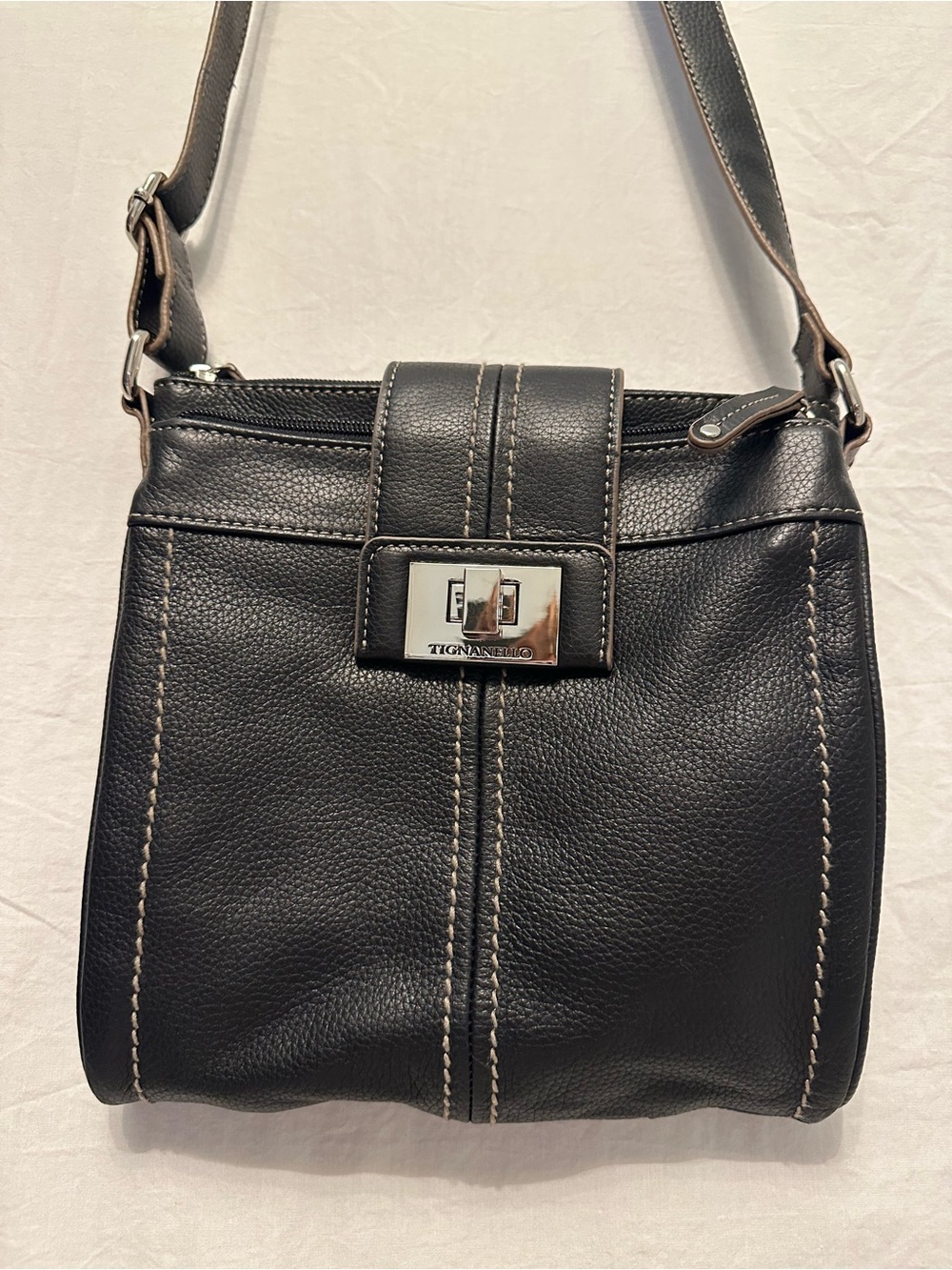 Tignanello Black Leather Organizer Crossbody Bag Convertible Shoulder Purse